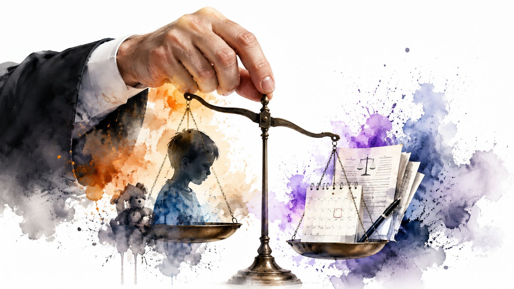 A judge's hand holding scales balancing a sad child with toys against court documents and a calendar.