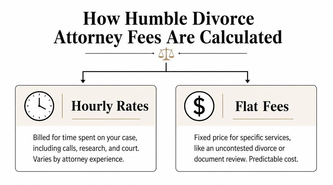 An infographic showing that Humble divorce attorney fees are calculated using either hourly rates or flat fees.
