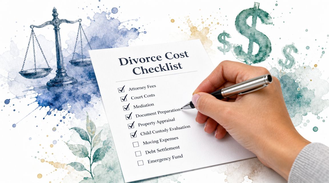 A hand checking off items on a divorce cost checklist with a pen, surrounded by watercolor imagery.