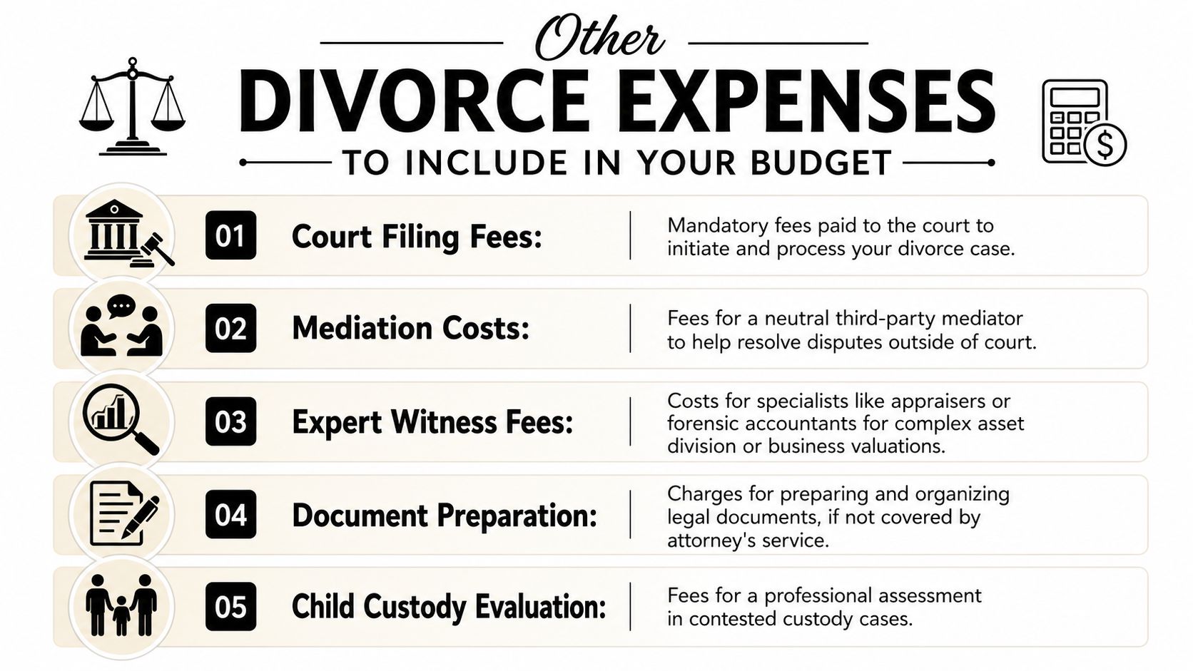 A list of five essential divorce expenses to include in your legal case budget planning.