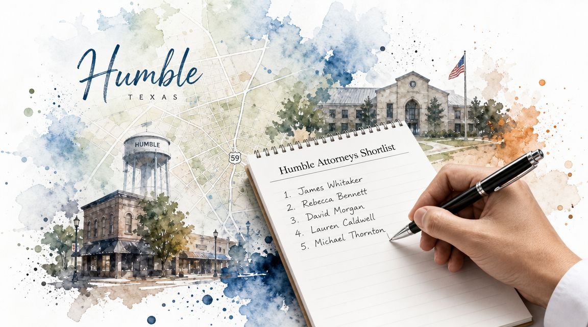 A hand writing a list of Humble attorneys on a notepad with a watercolor city background.