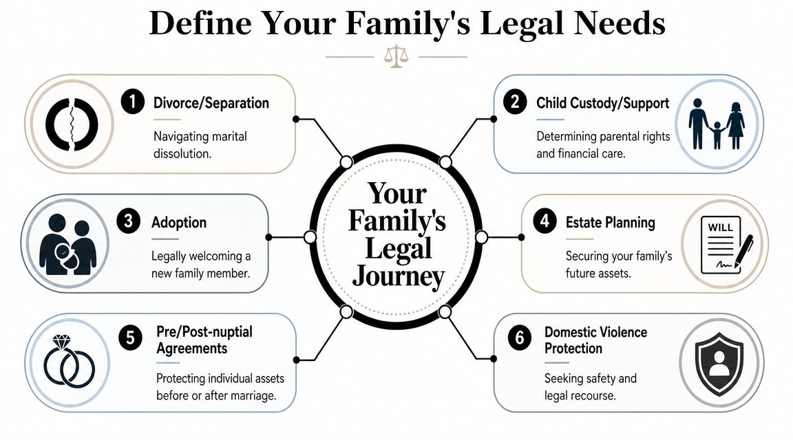 A diagram outlining six key areas of family law services including divorce, adoption, and estate planning.