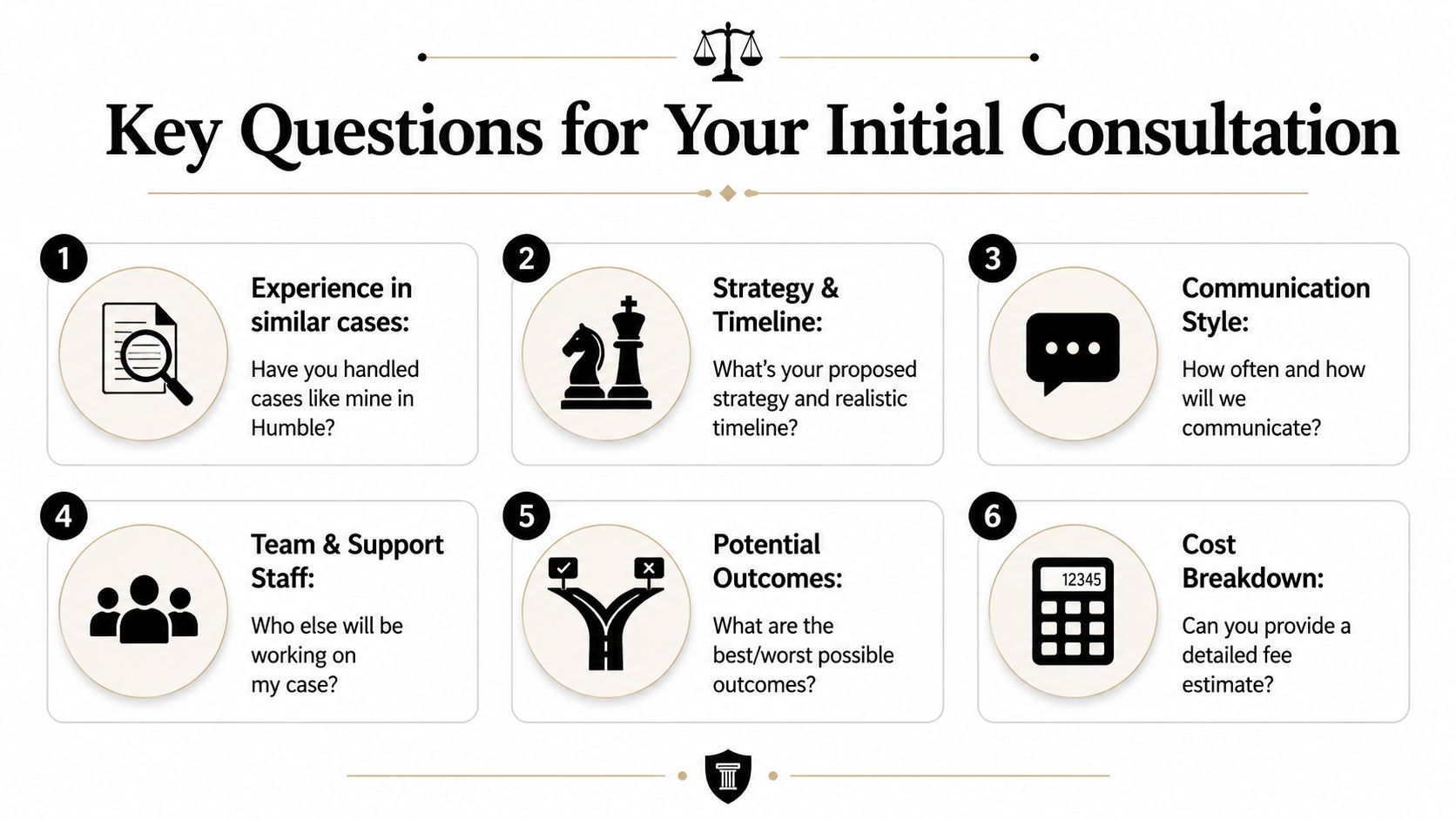 An infographic titled Key Questions for Your Initial Consultation listing six important topics for choosing legal representation.