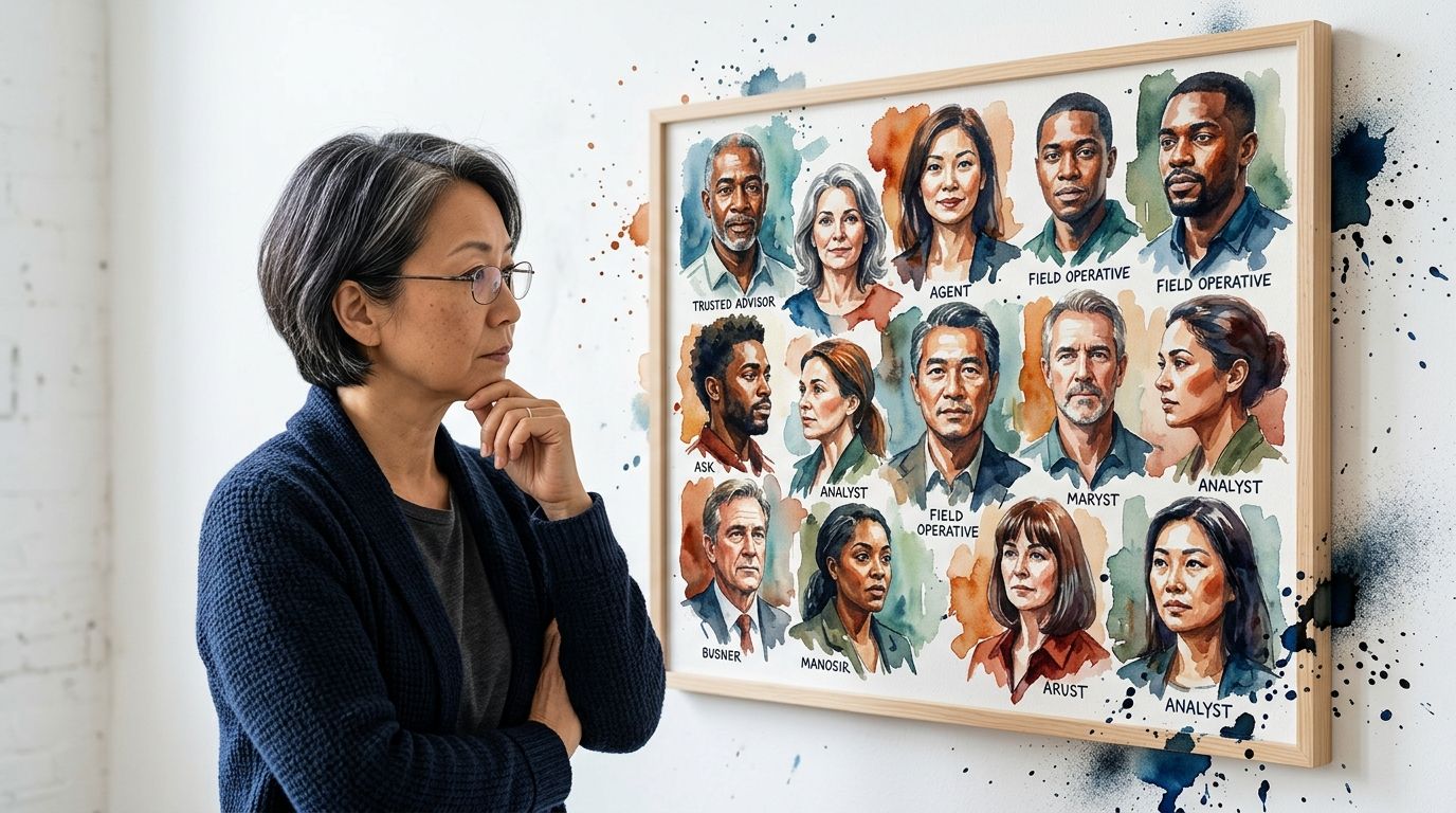 A woman looks thoughtfully at a framed watercolor print featuring portraits of various professionals on a wall.