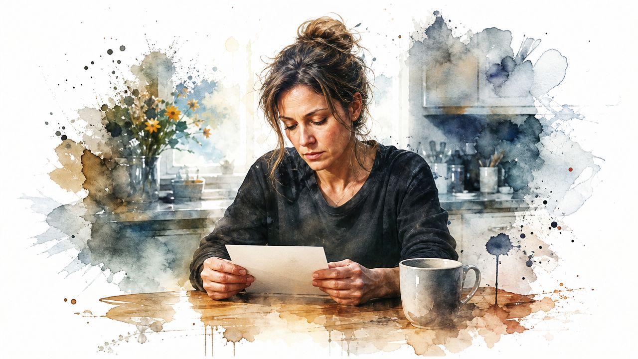 A pensive woman sits at a wooden kitchen table reading a document while holding a coffee mug.