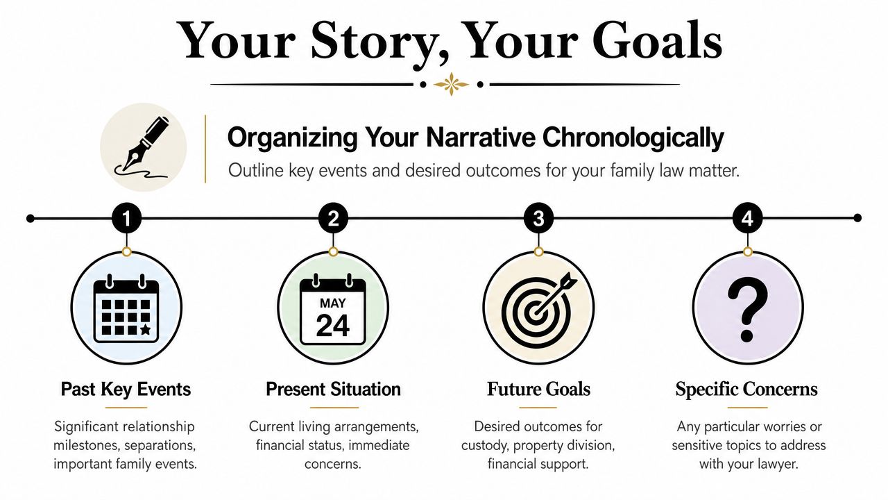 A four-step infographic illustrating how to prepare your narrative and goals for a family law consultation.