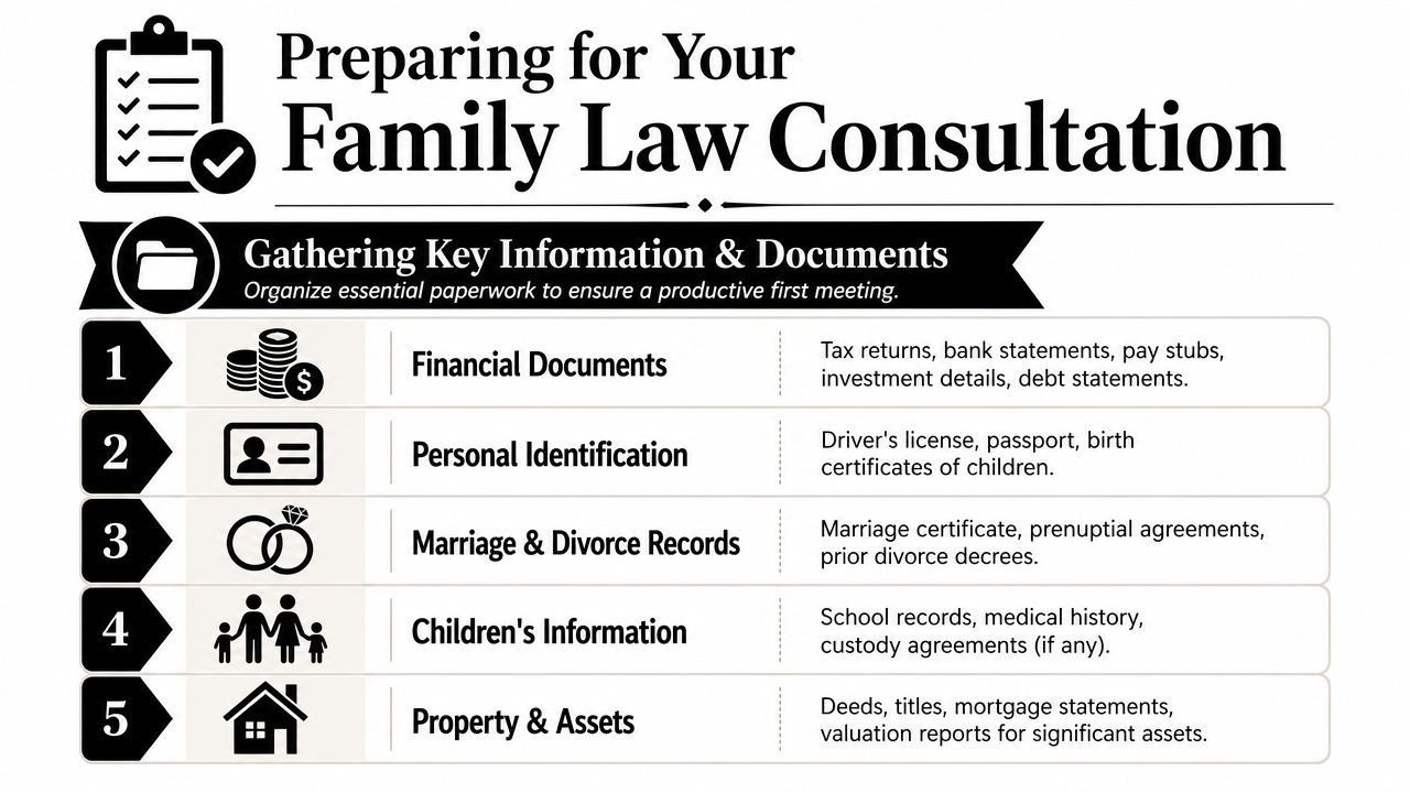 An infographic listing five essential categories of documents to gather before a family law consultation.