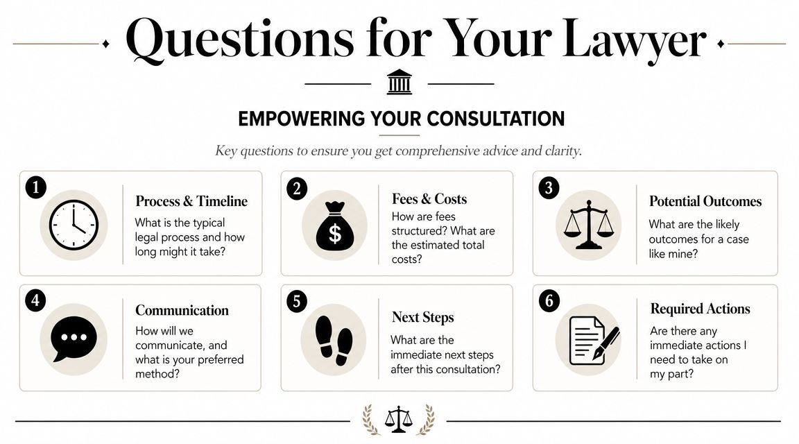 A helpful infographic listing six key questions to ask a lawyer during a legal consultation.