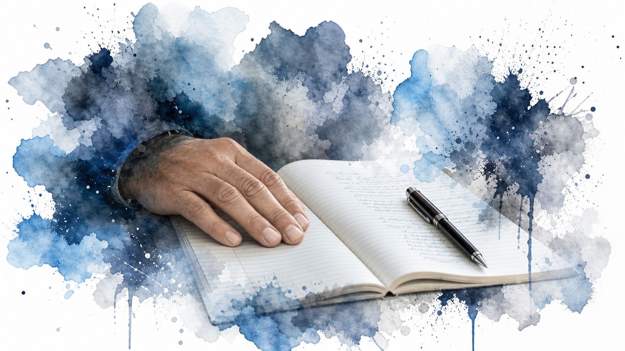 A man's hand resting on an open notebook with a pen, surrounded by artistic blue watercolor splashes.