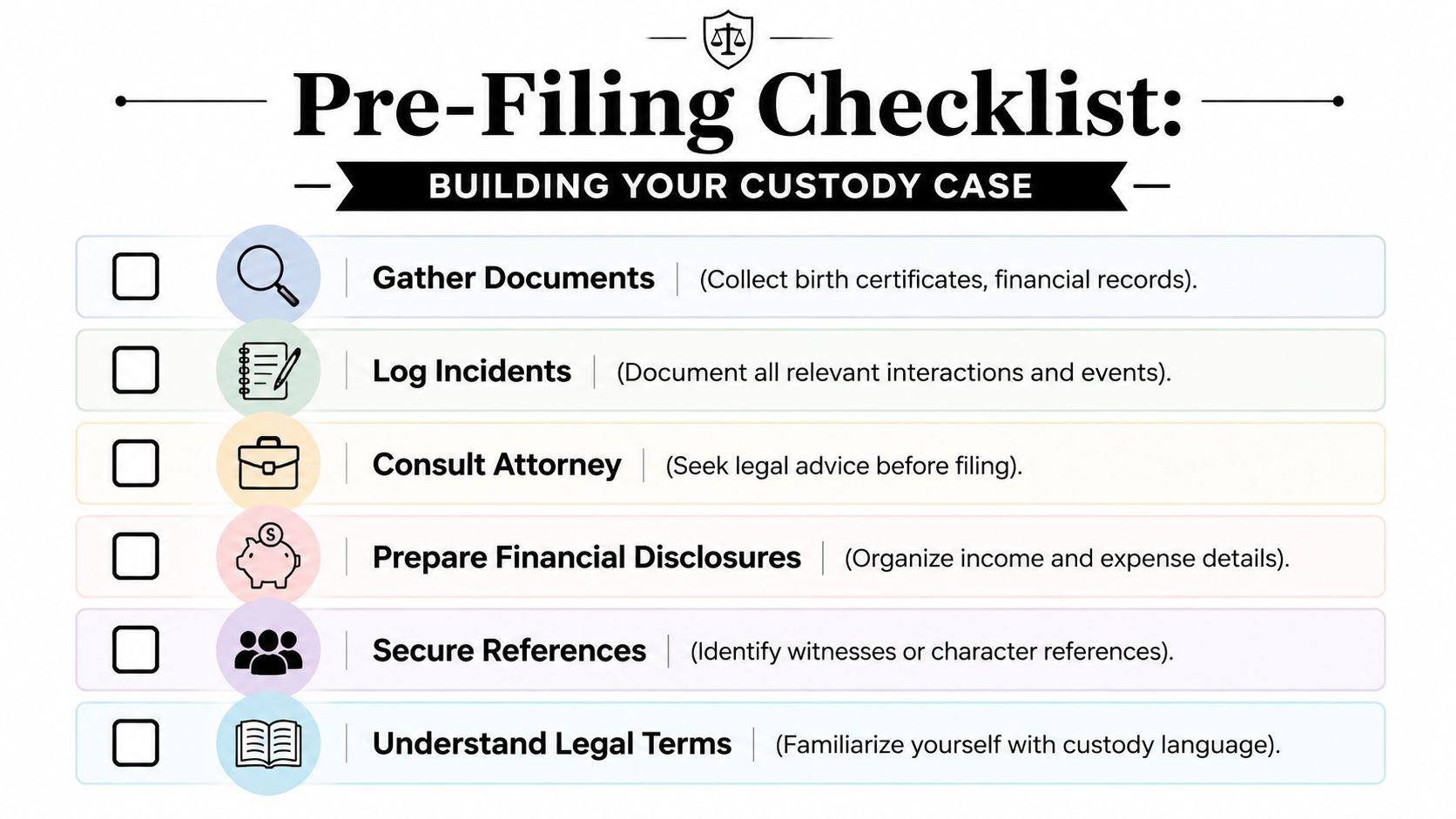 A checklist illustrating steps to prepare for a child custody case including gathering documents and legal advice.