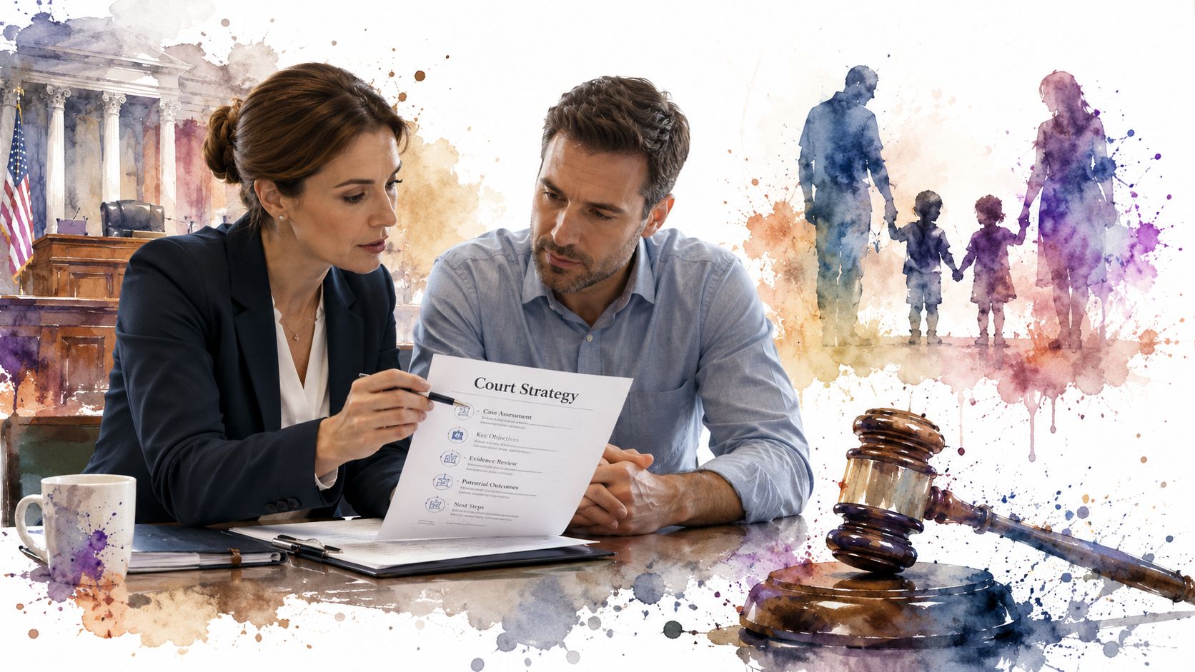 A lawyer and a client reviewing a court strategy document during a child custody legal consultation.