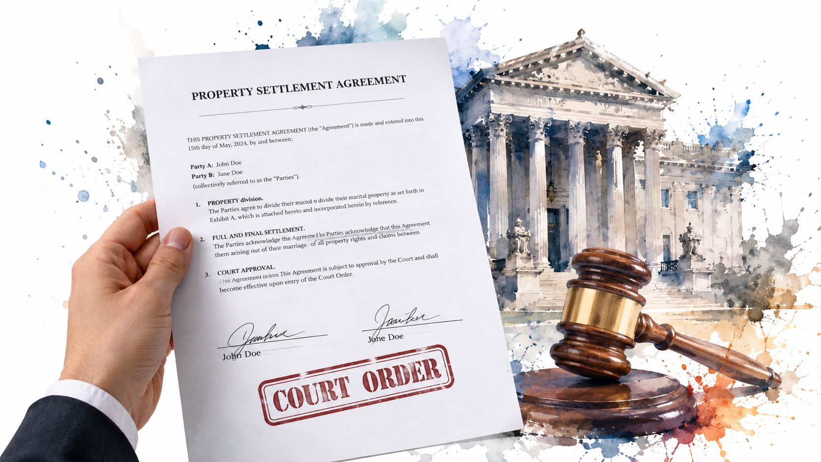 A hand holding a Property Settlement Agreement document featuring a gavel and a courthouse in the background.