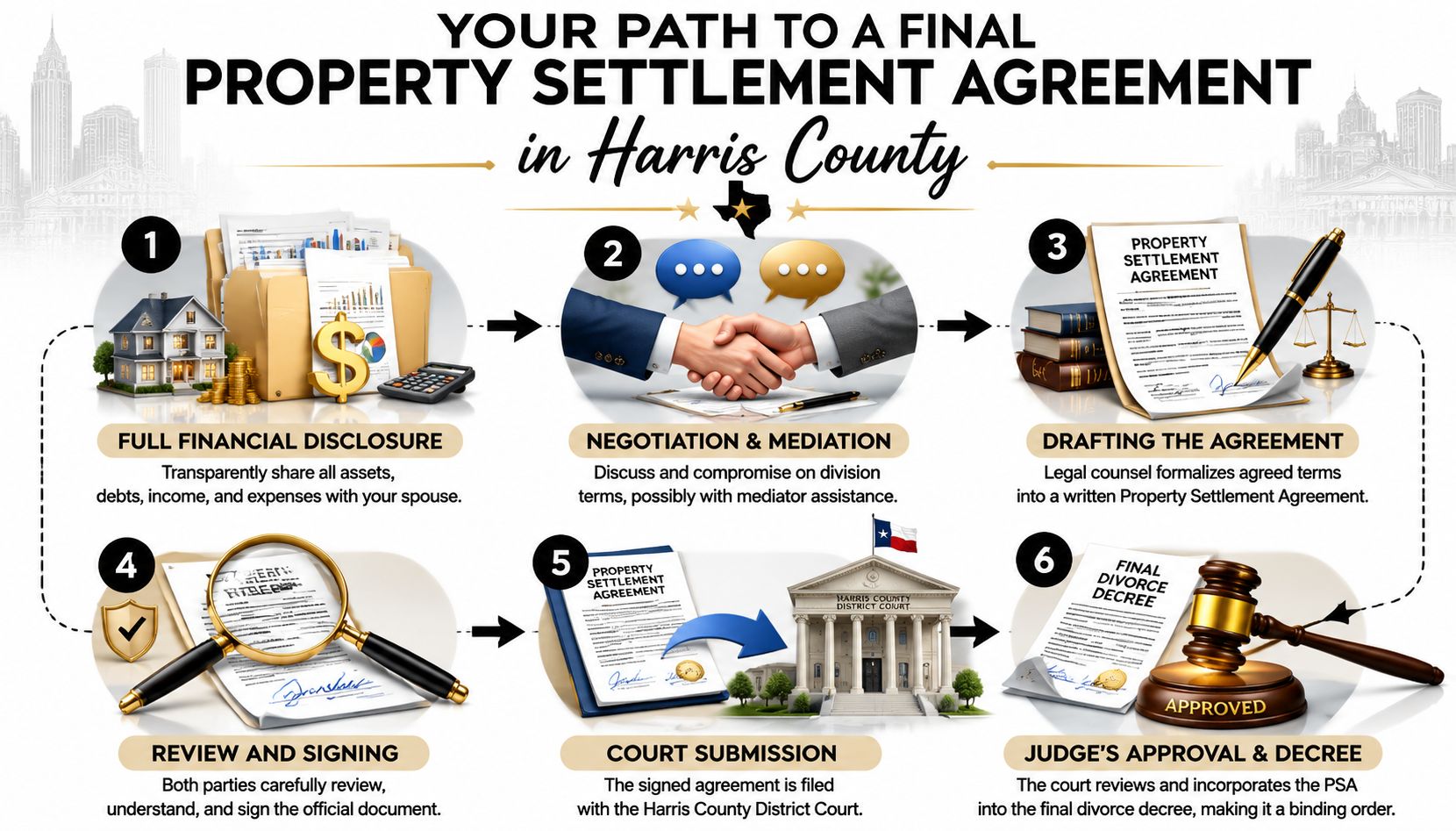 A six-step infographic detailing the process of obtaining a property settlement agreement in Harris County, Texas.