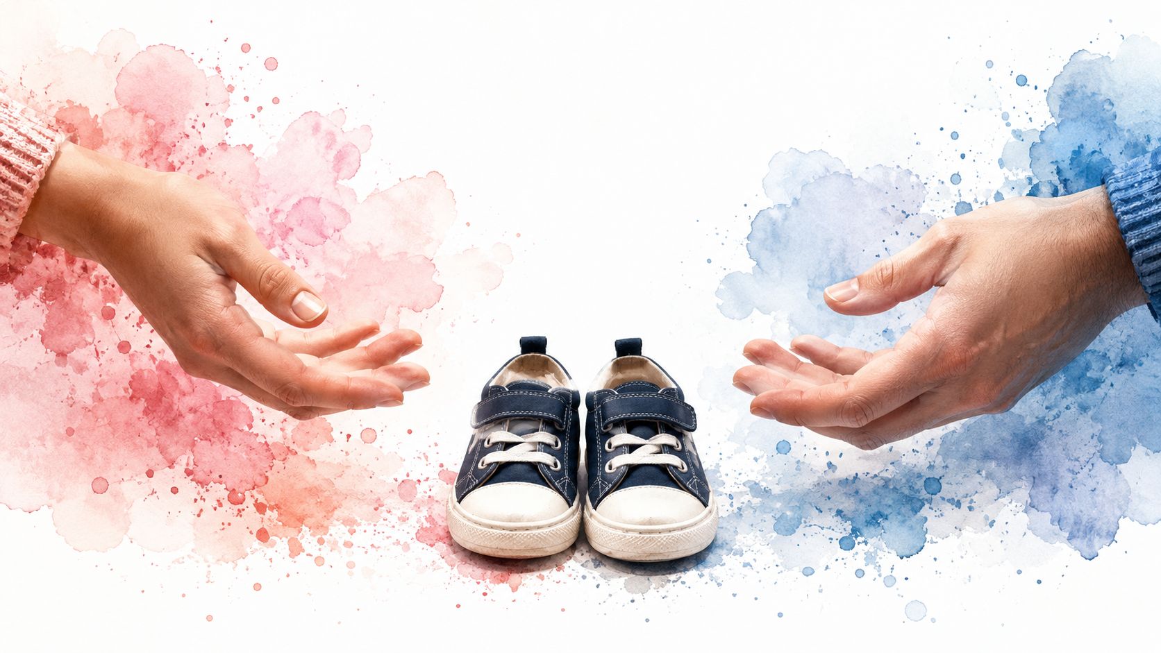 Adult hands reaching out toward a pair of small baby sneakers surrounded by watercolor splashes.