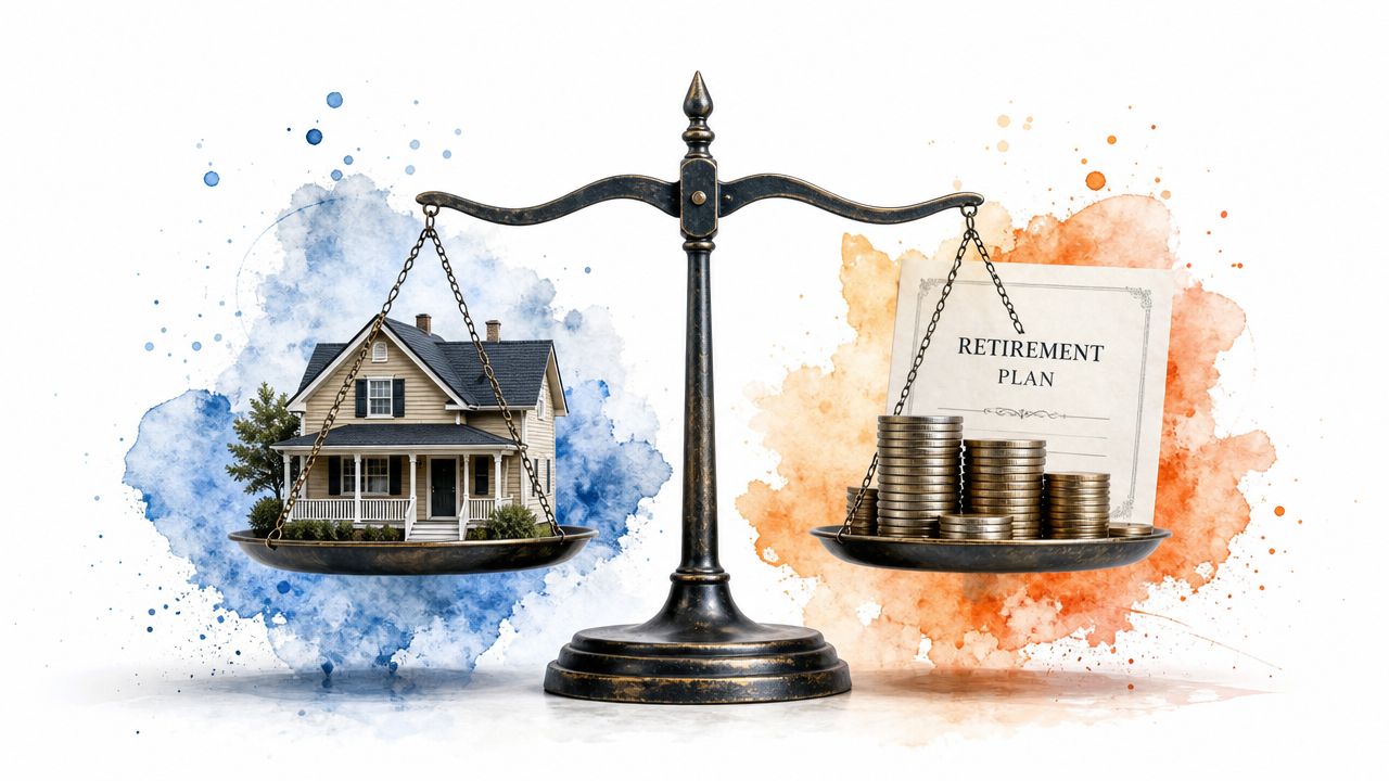 A balance scale weighing a residential house against a retirement plan document and stacked gold coins.