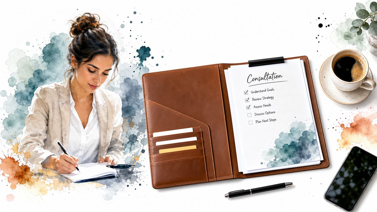 A professional woman writing in a planner next to a leather portfolio and a coffee cup.