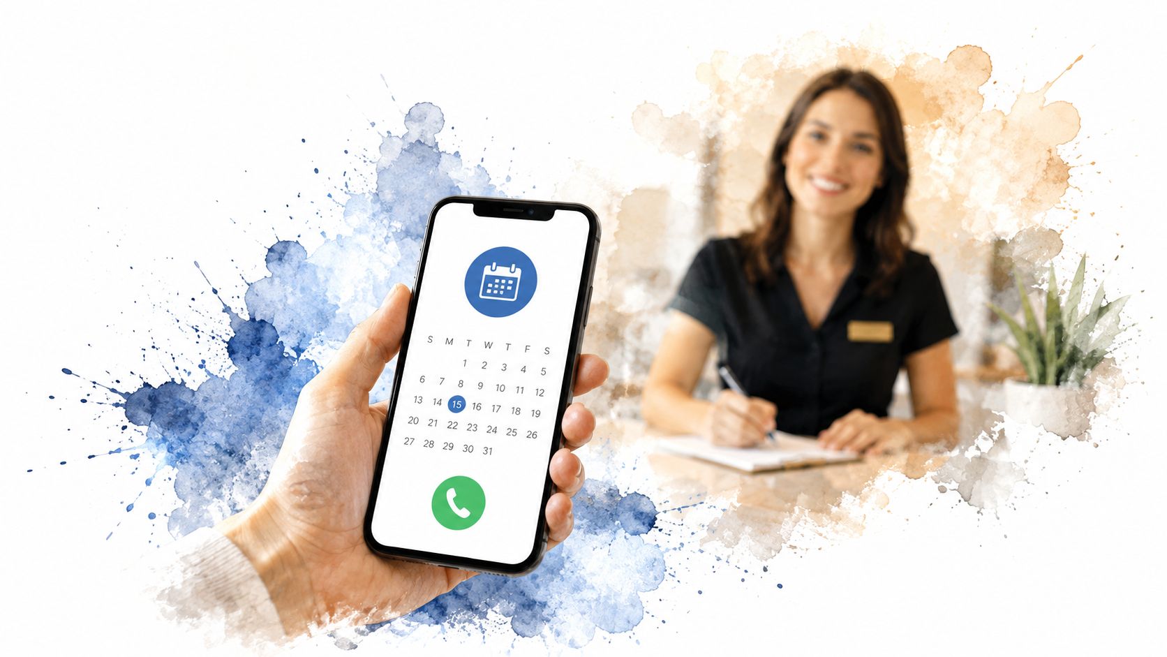 A hand holding a smartphone with a calendar scheduling app, with a receptionist in the background.