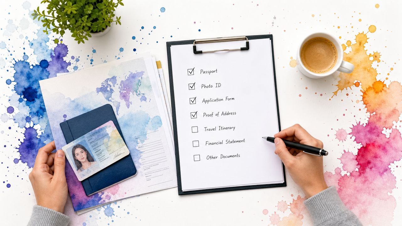 A person checking off items on a travel document checklist while holding a passport and ID card.