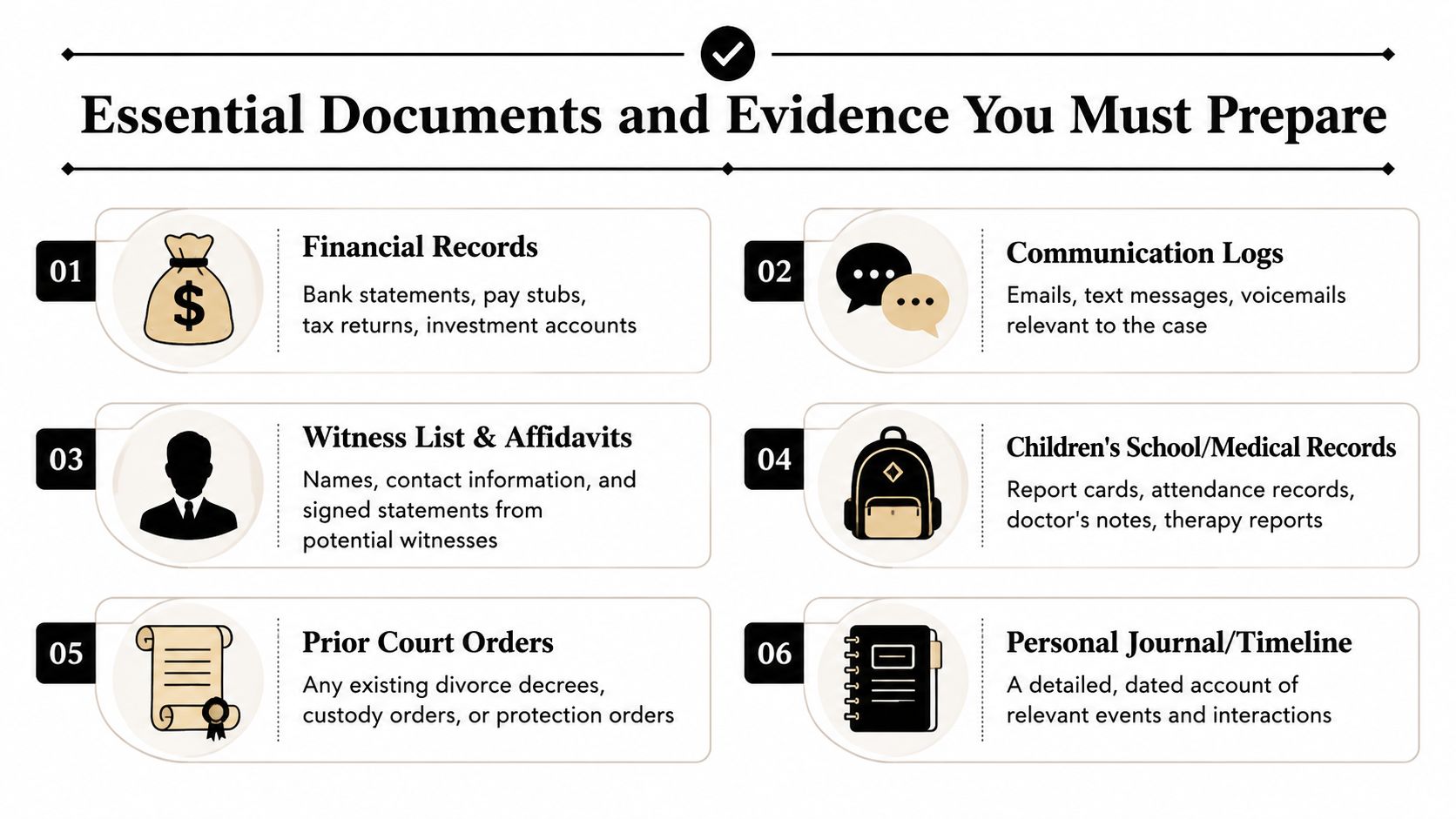 A checklist infographic listing essential documents and evidence required for family court hearings and legal proceedings.