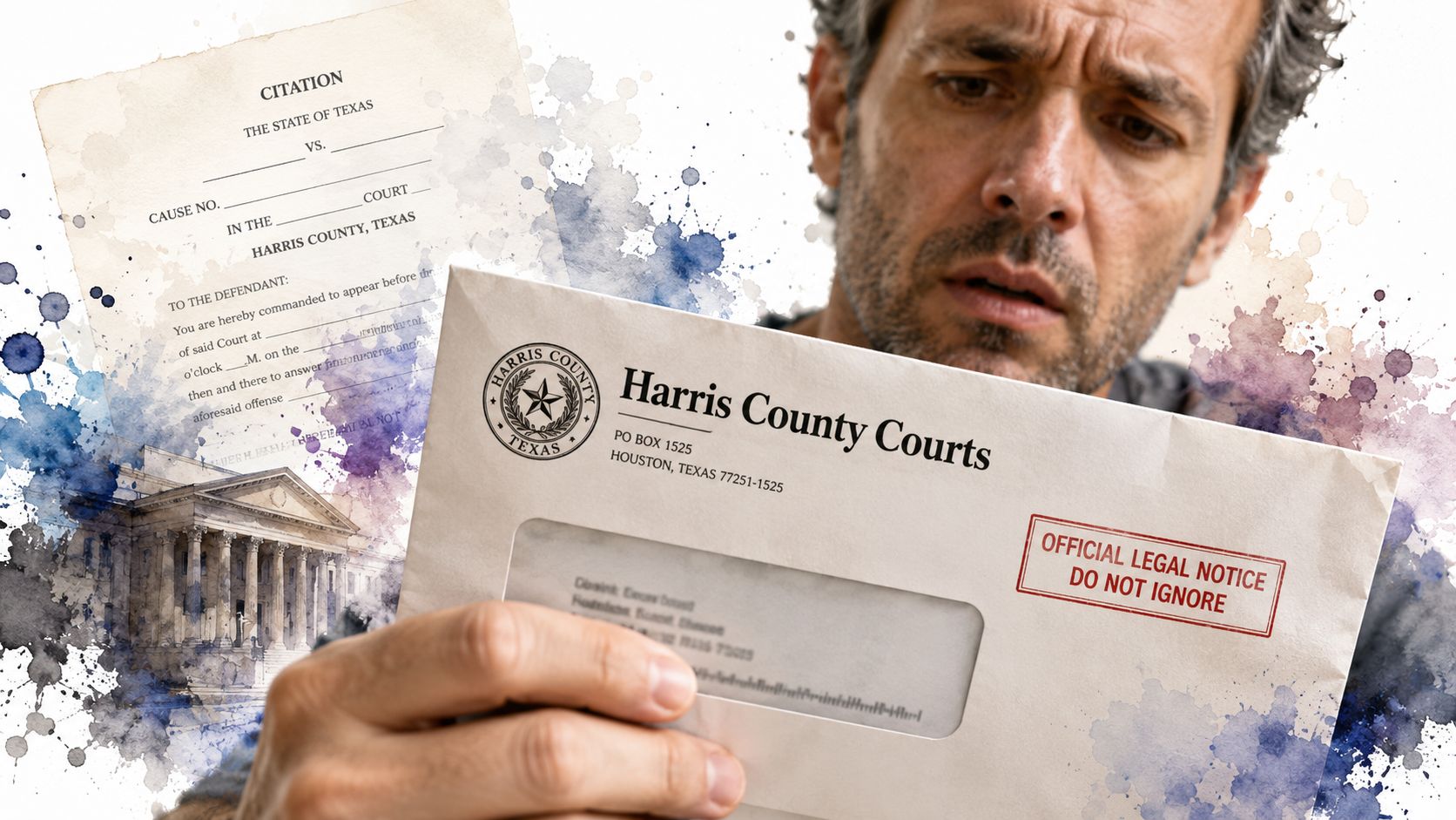 A concerned man holds a Harris County Courts envelope and a legal citation document regarding court proceedings.