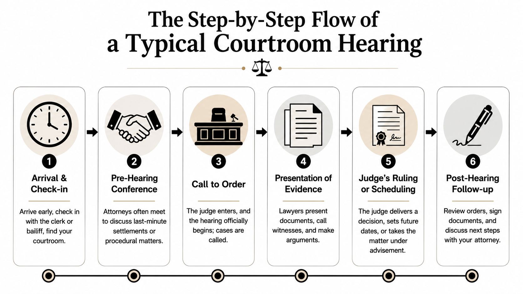 A six-step infographic illustrating the typical chronological process and procedure of a courtroom hearing.