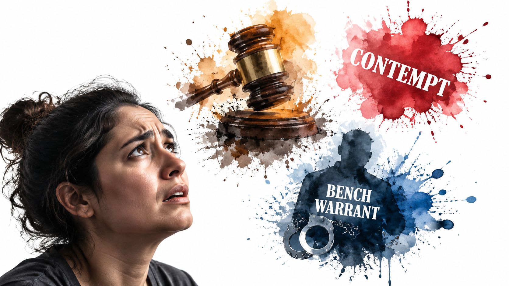 A distressed woman looking upward at images of a judge's gavel, contempt text, and a bench warrant.