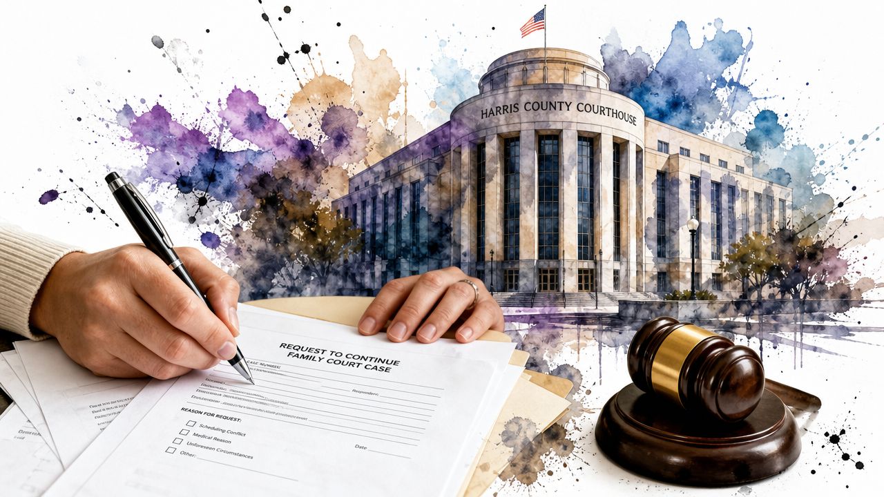 A hand filling out a legal form for a family court case near a wooden gavel.