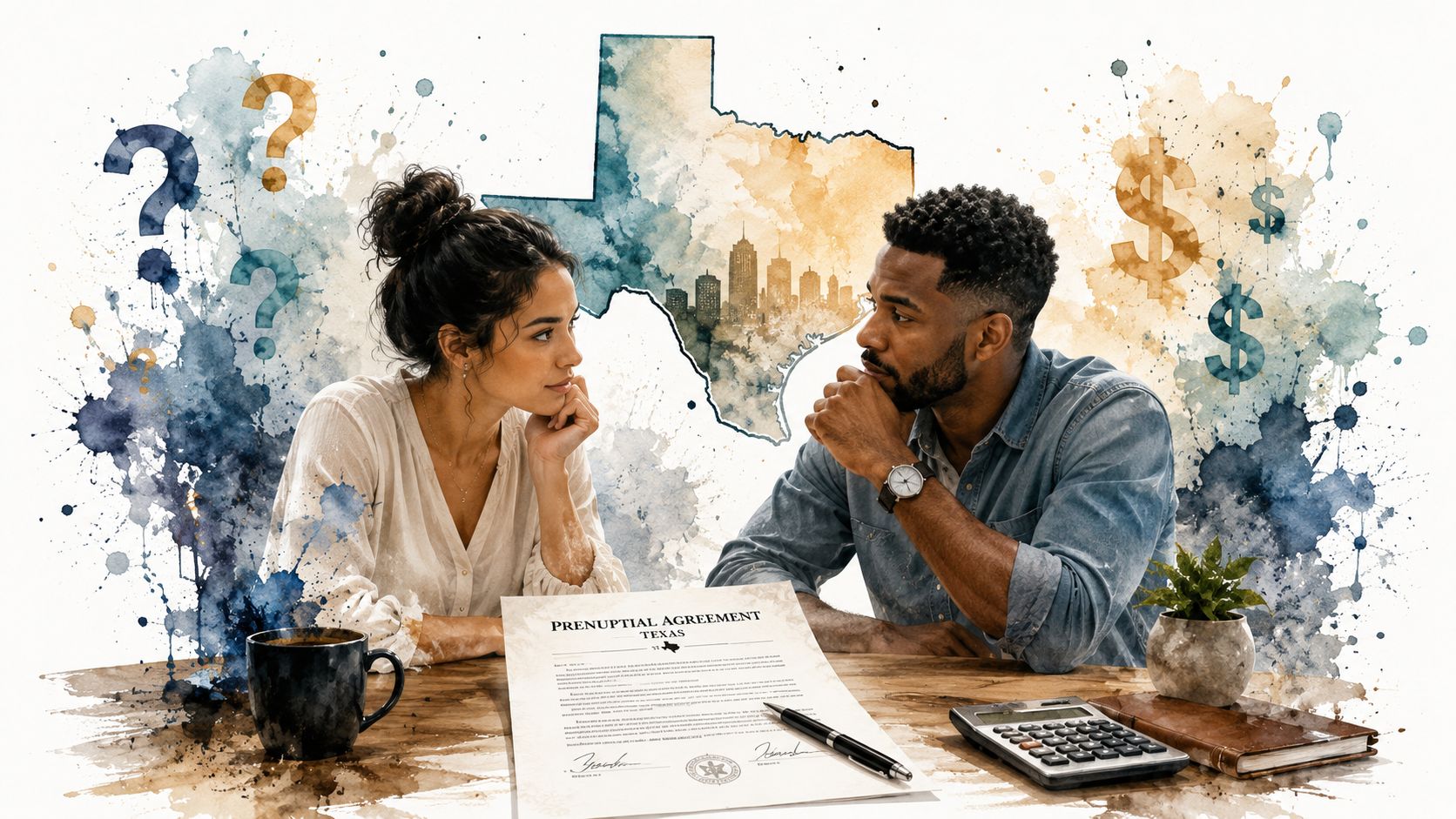 A couple sits at a table contemplating a document labeled Prenuptial Agreement Texas, suggesting financial decision making.