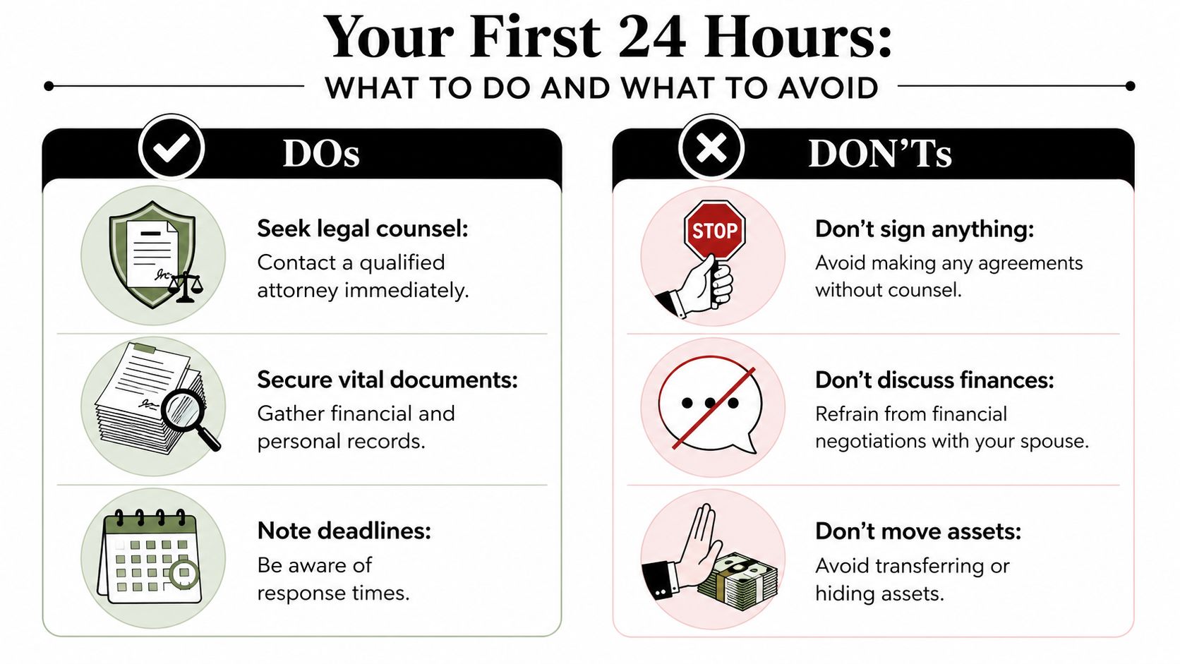 An infographic titled Your First 24 Hours listing recommended actions and prohibitions following the receipt of divorce papers.