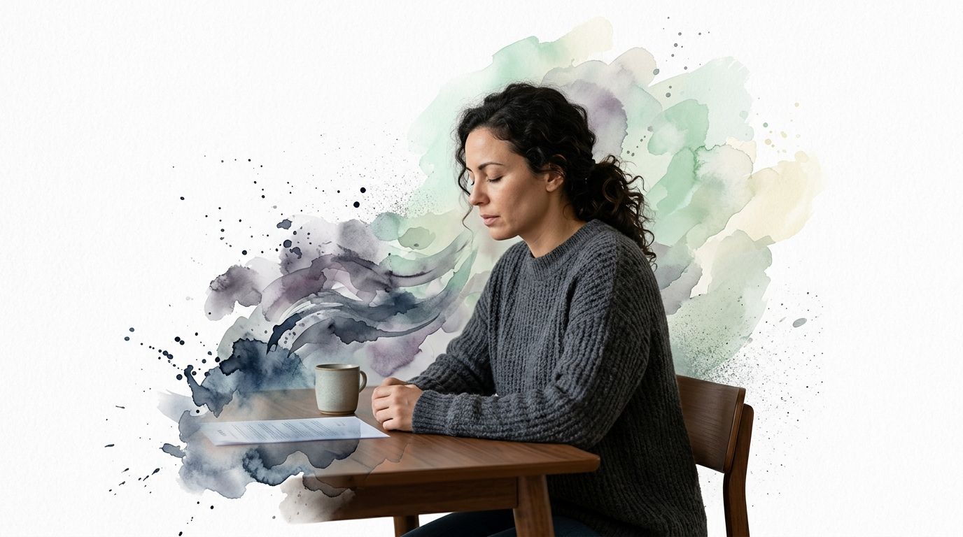 A woman sits at a wooden table looking stressed while reviewing divorce papers with coffee.