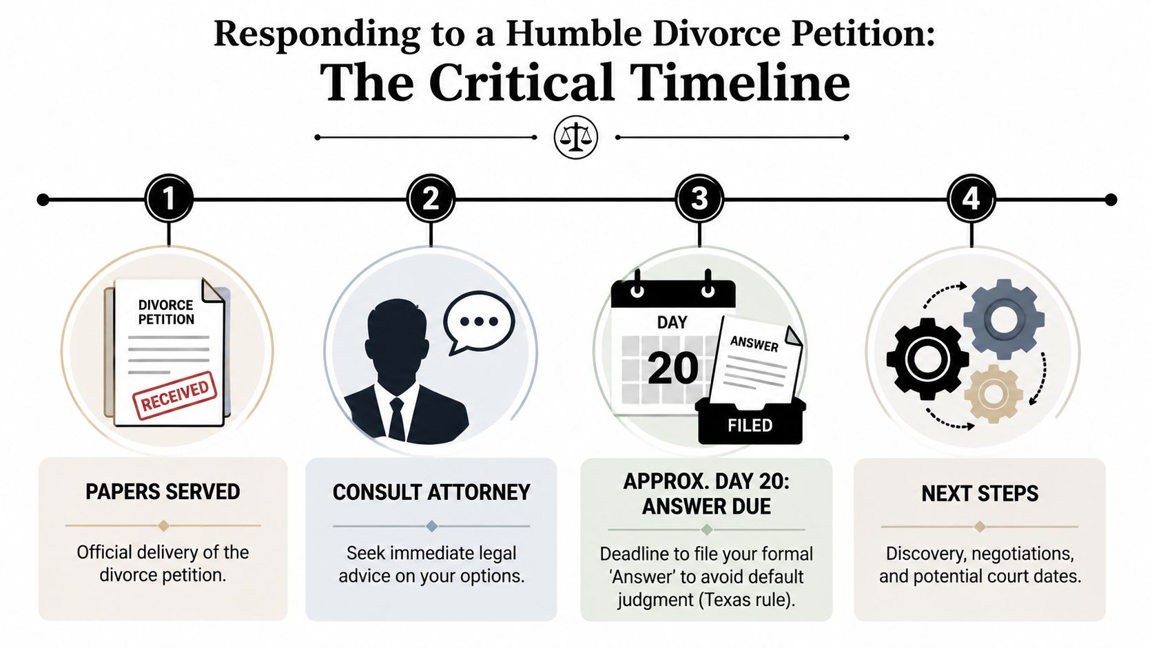 A flowchart showing the four critical steps after receiving divorce papers in Humble, Texas.