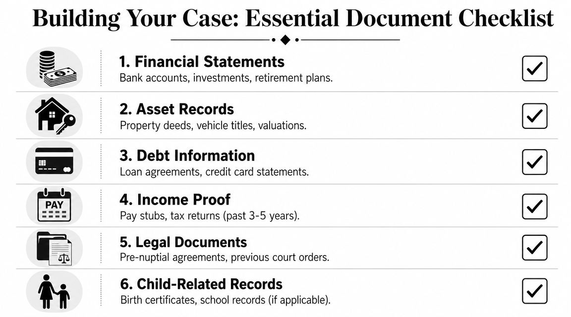 A checklist of essential documents to prepare when building a legal case for divorce proceedings.