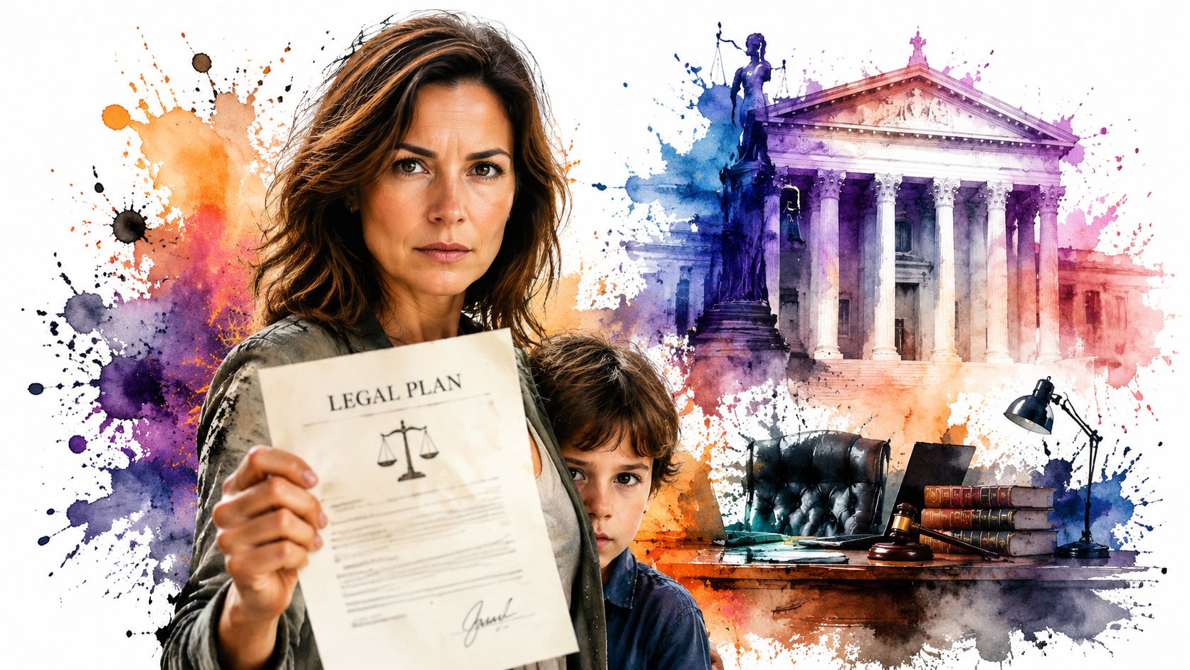 A concerned woman holding a legal document with a child looking out from behind her shoulder.