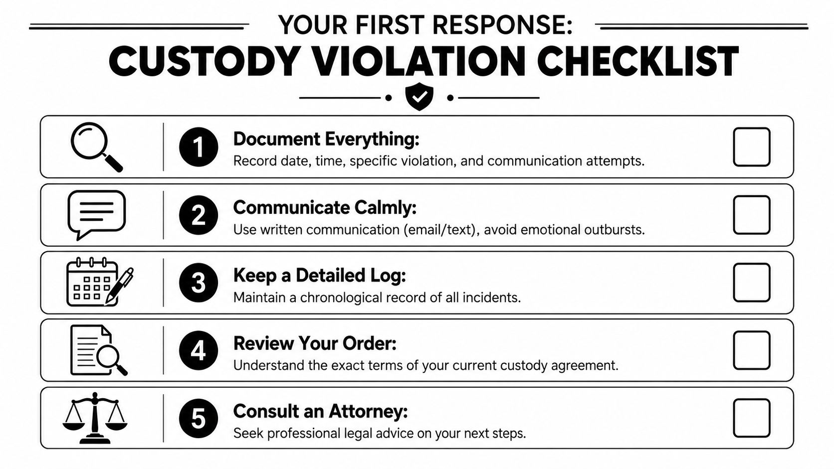 A checklist of five steps to take if an ex-partner violates a child custody agreement.