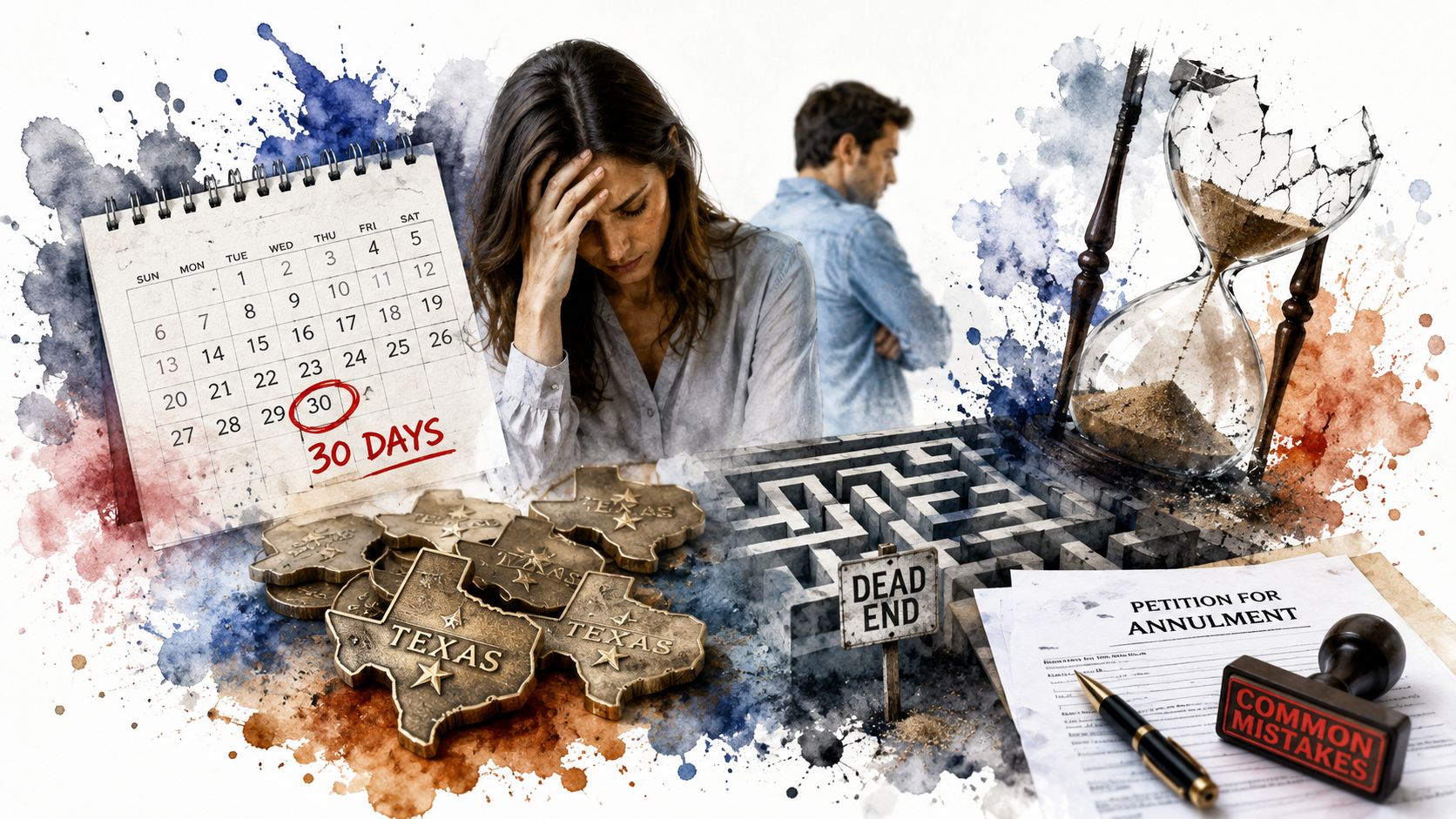 A couple appearing distressed with a calendar, Texas map puzzle, maze, hourglass, and an annulment petition form.