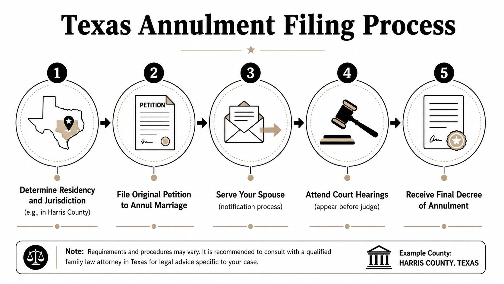 A five-step infographic showing the legal process for obtaining an annulment of marriage in Texas.