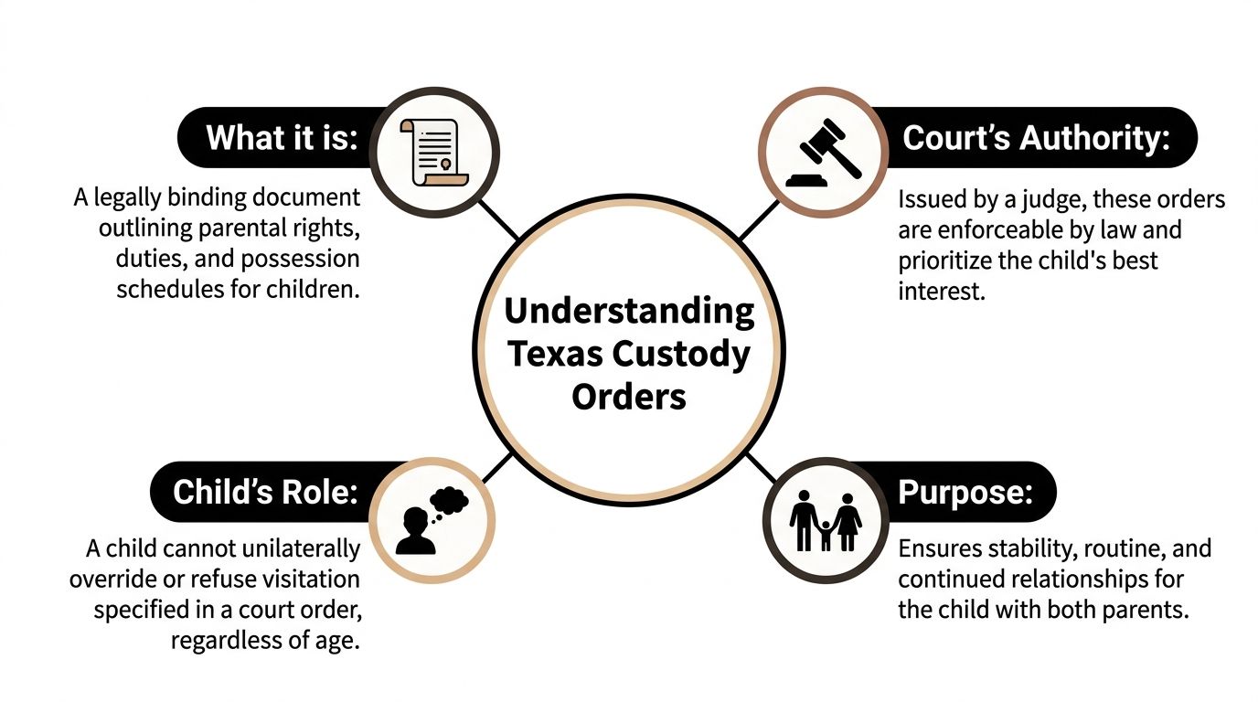 An infographic explaining Texas custody orders, including legal authority, purpose, and child's role in visitation.