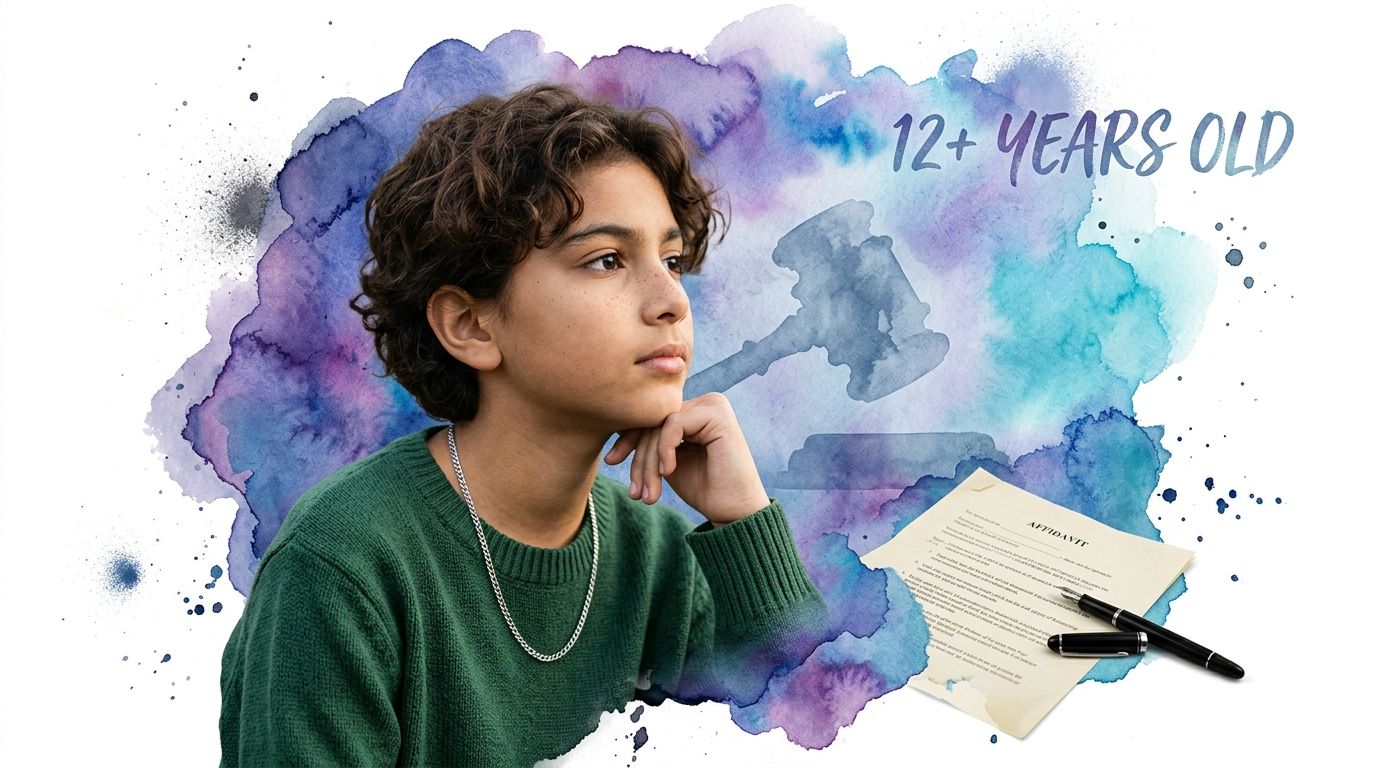 A contemplative young boy looking away with a legal affidavit and gavel in the background art.