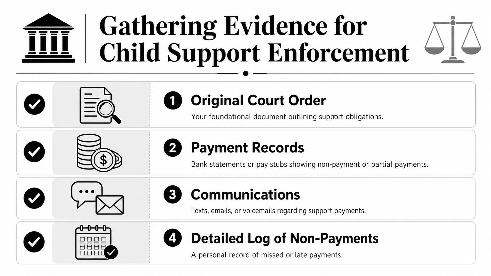 A list of four essential types of evidence required for enforcing child support court orders.