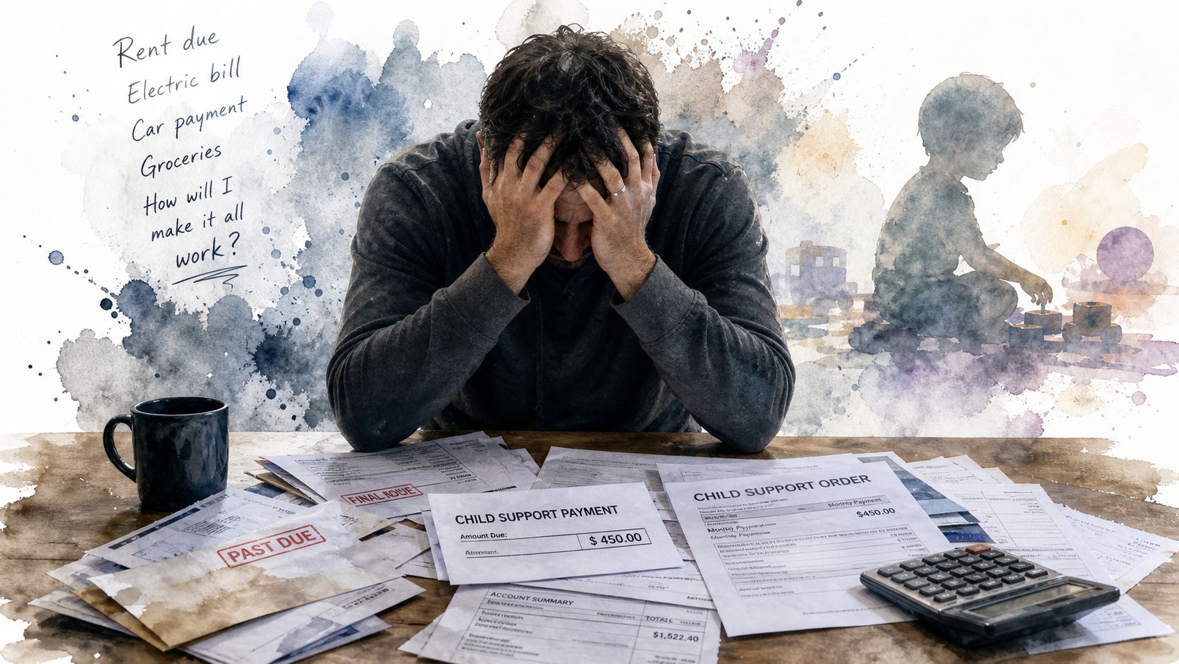 A distressed father sits at a desk covered in unpaid bills and child support payment notices.
