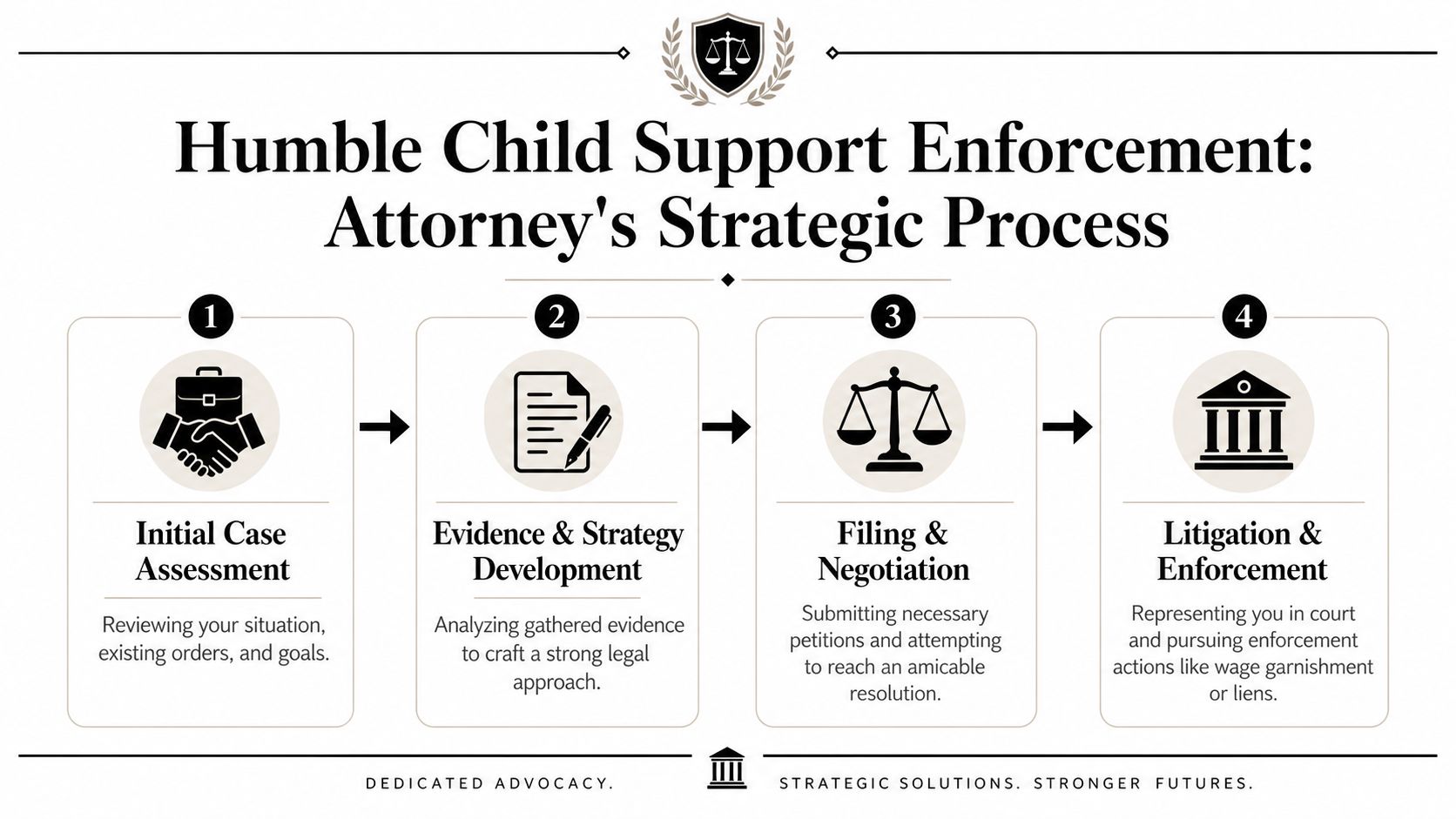 A flowchart detailing a four-step strategic legal process for child support enforcement services in Humble, Texas.