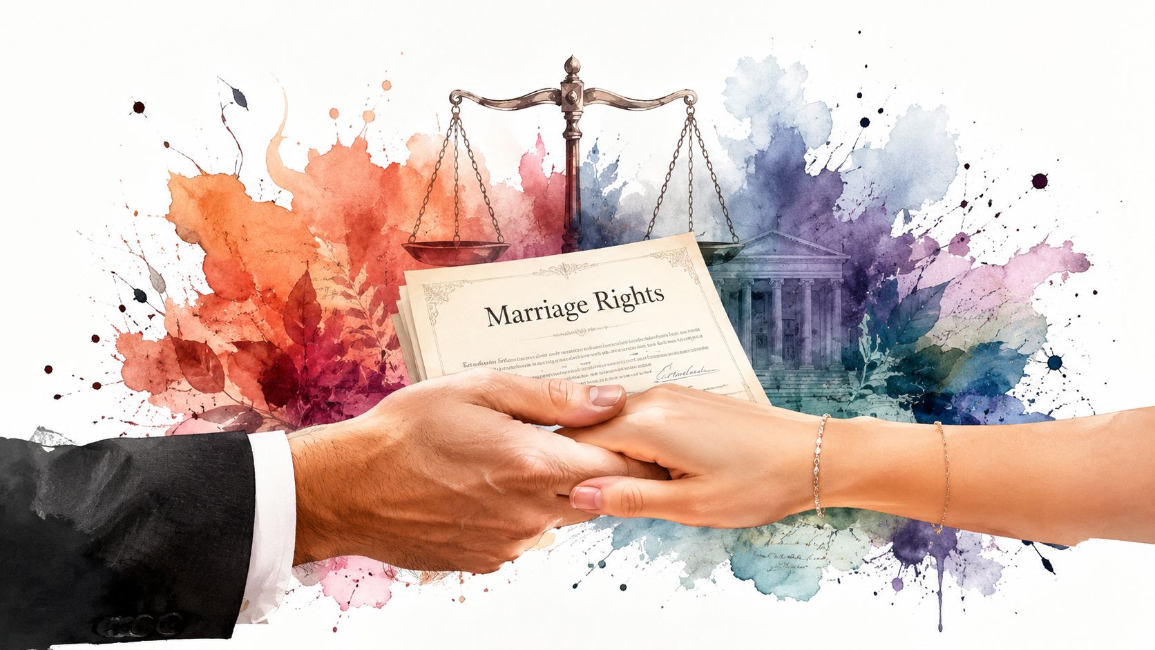 A couple holding a document titled Marriage Rights with a background of watercolor splashes and law symbols.