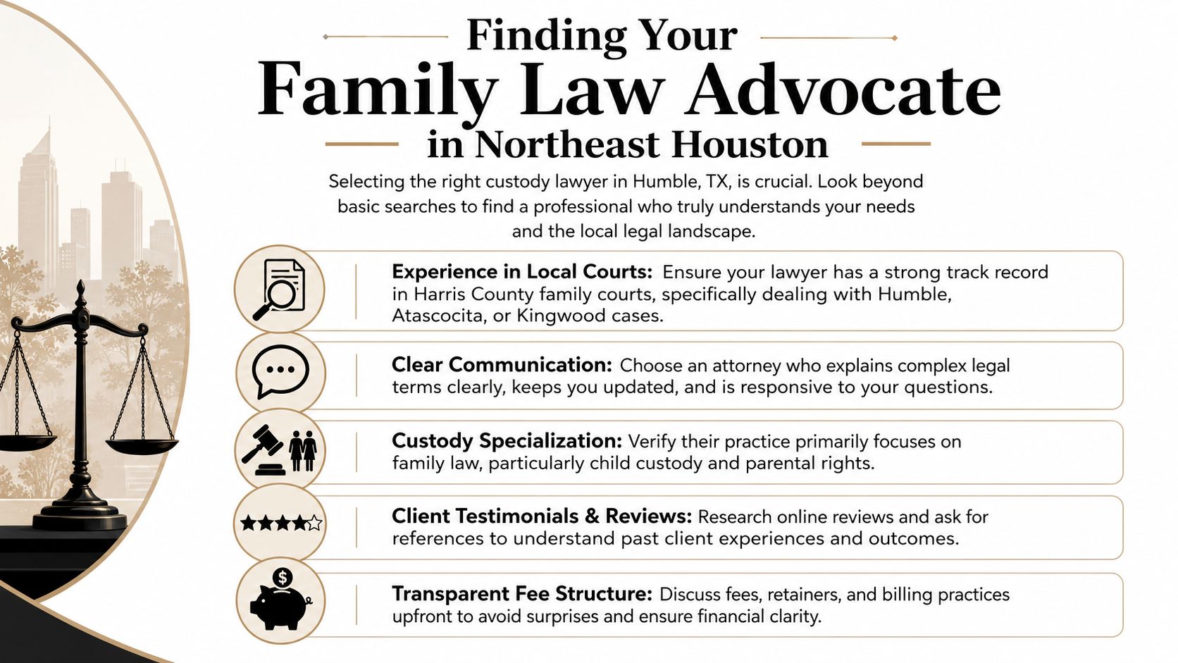 An infographic detailing five key tips for selecting a family law custody lawyer in Humble, Texas.