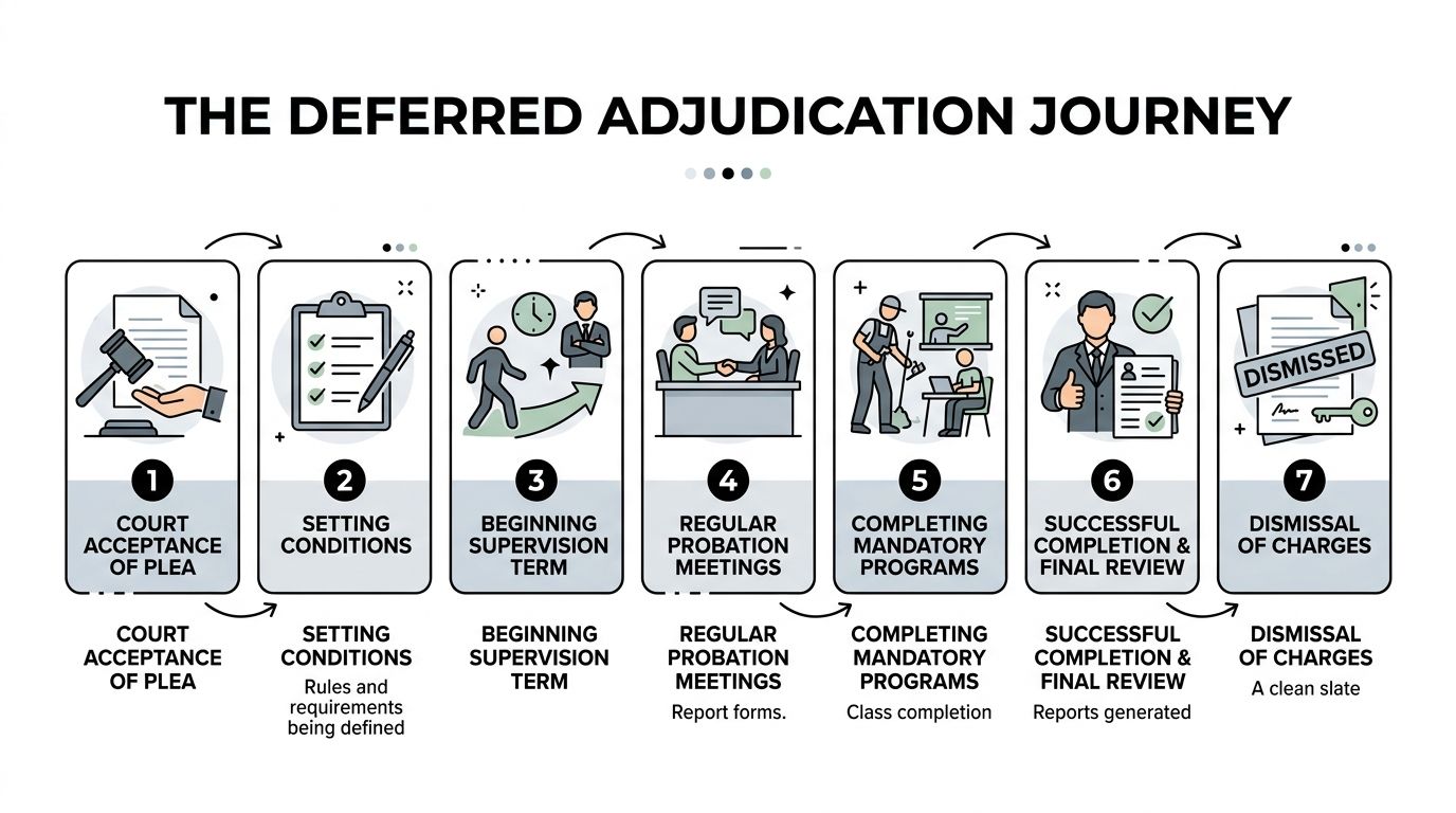 A seven-step visual roadmap illustrating the process of a deferred adjudication journey for legal cases.