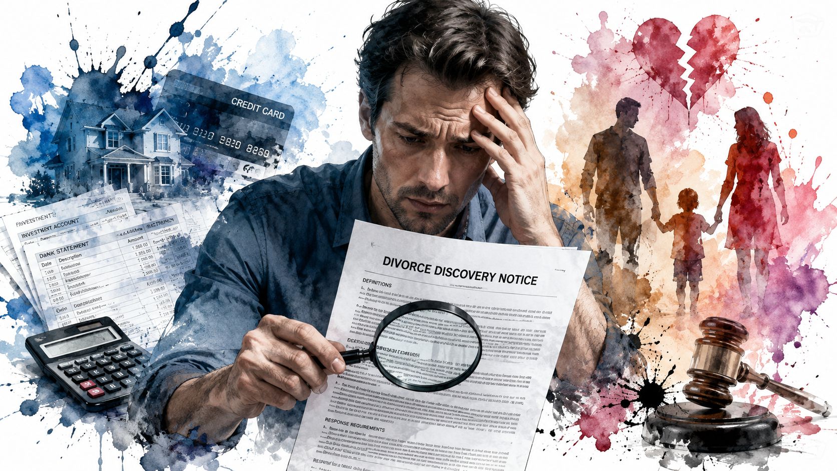 A distressed man reviews divorce discovery legal documents with a magnifying glass amid financial and family struggles.
