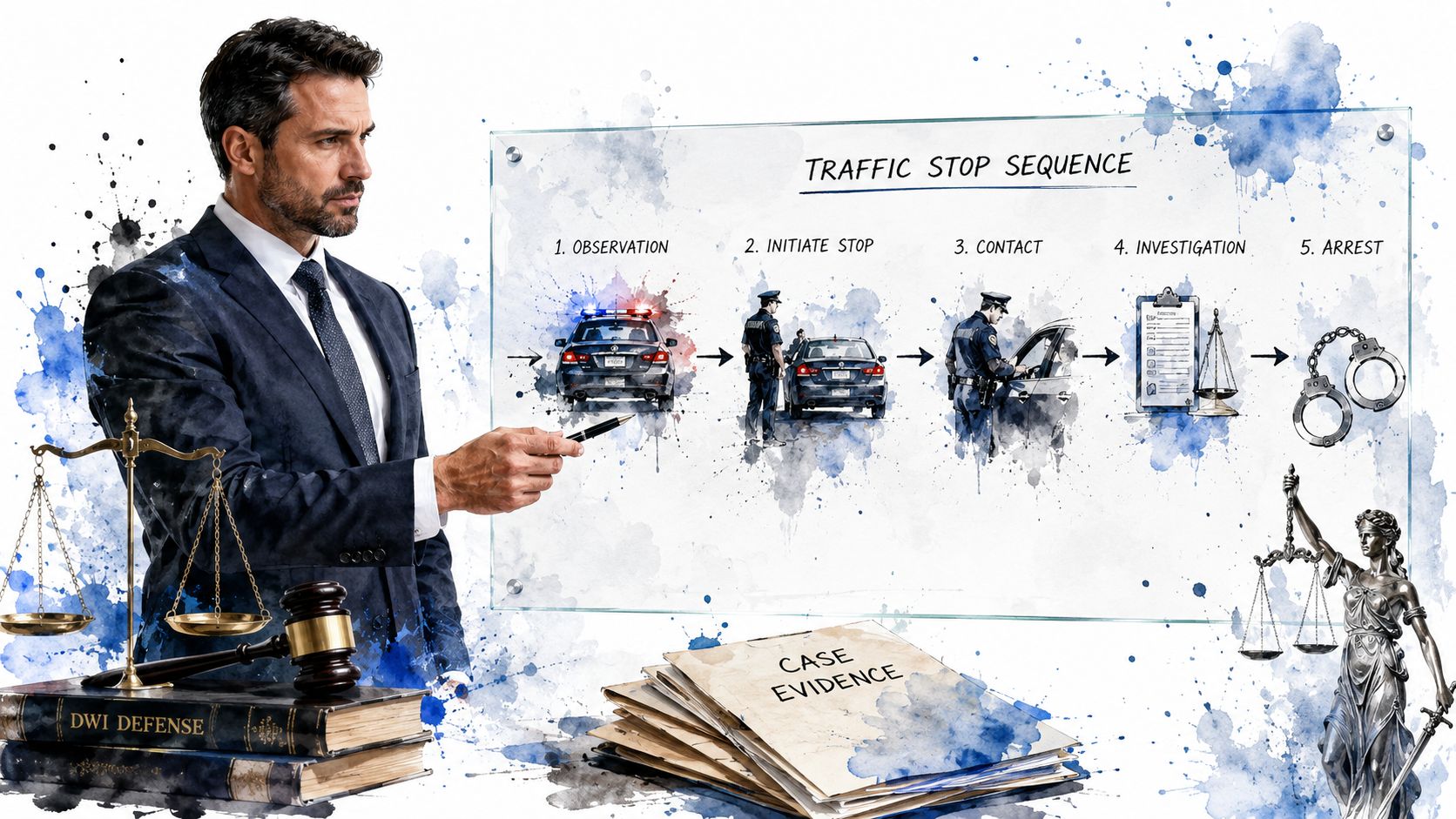 A professional lawyer pointing to a chart illustrating the legal sequence of a DWI traffic stop process.