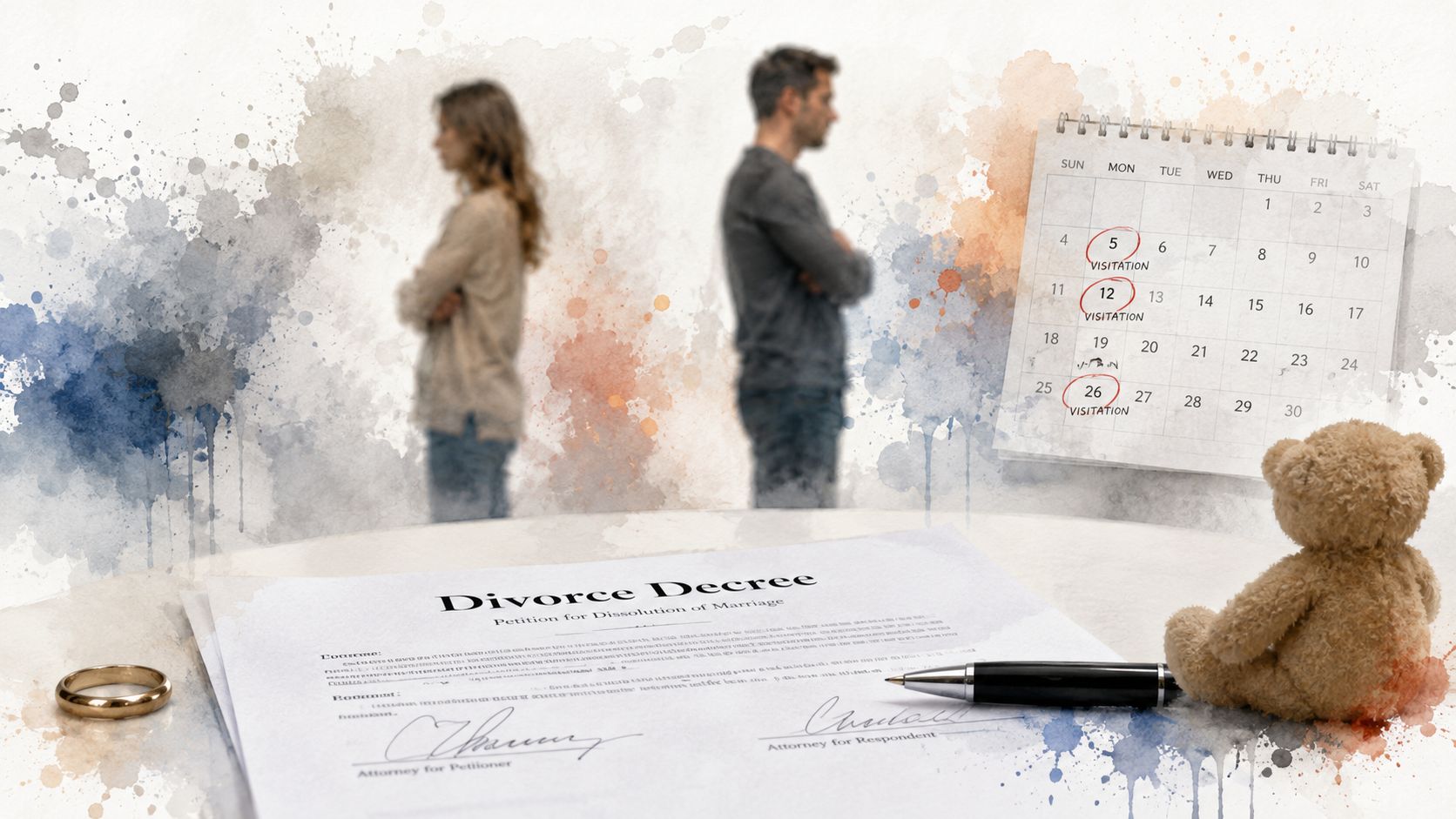A conceptual image depicting a divorce decree, a calendar with visitation dates, and a lonely teddy bear.