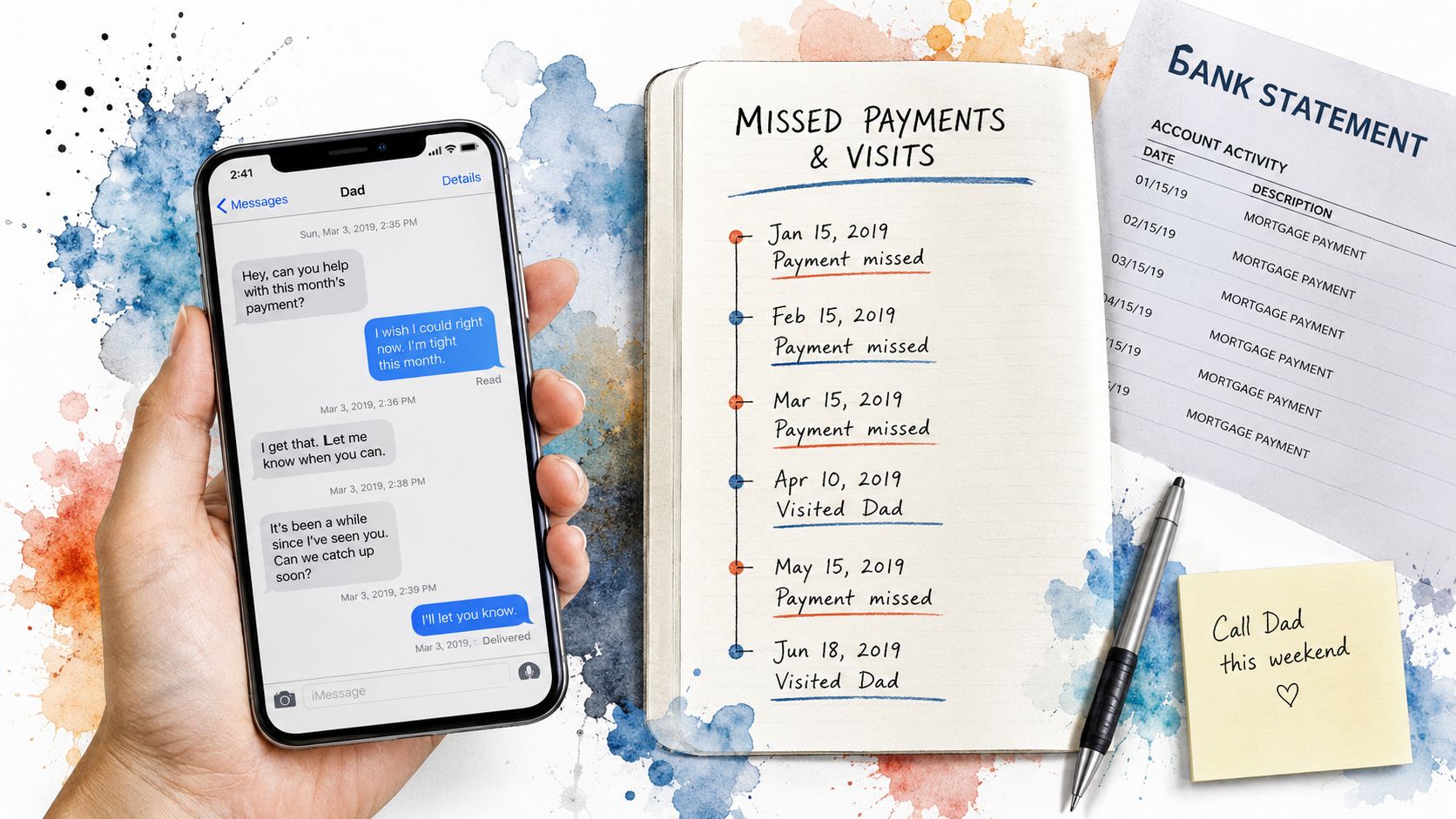 A smartphone, a notebook documenting missed mortgage payments and visits, and a bank statement on a desk.