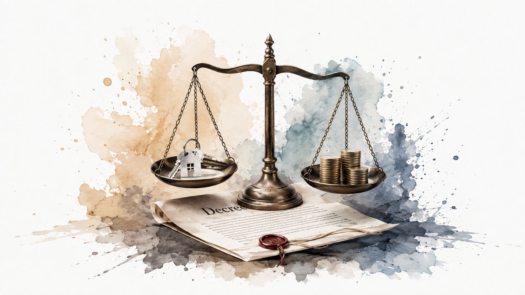 A legal scale balancing a house key and coin stacks on top of a formal divorce decree.