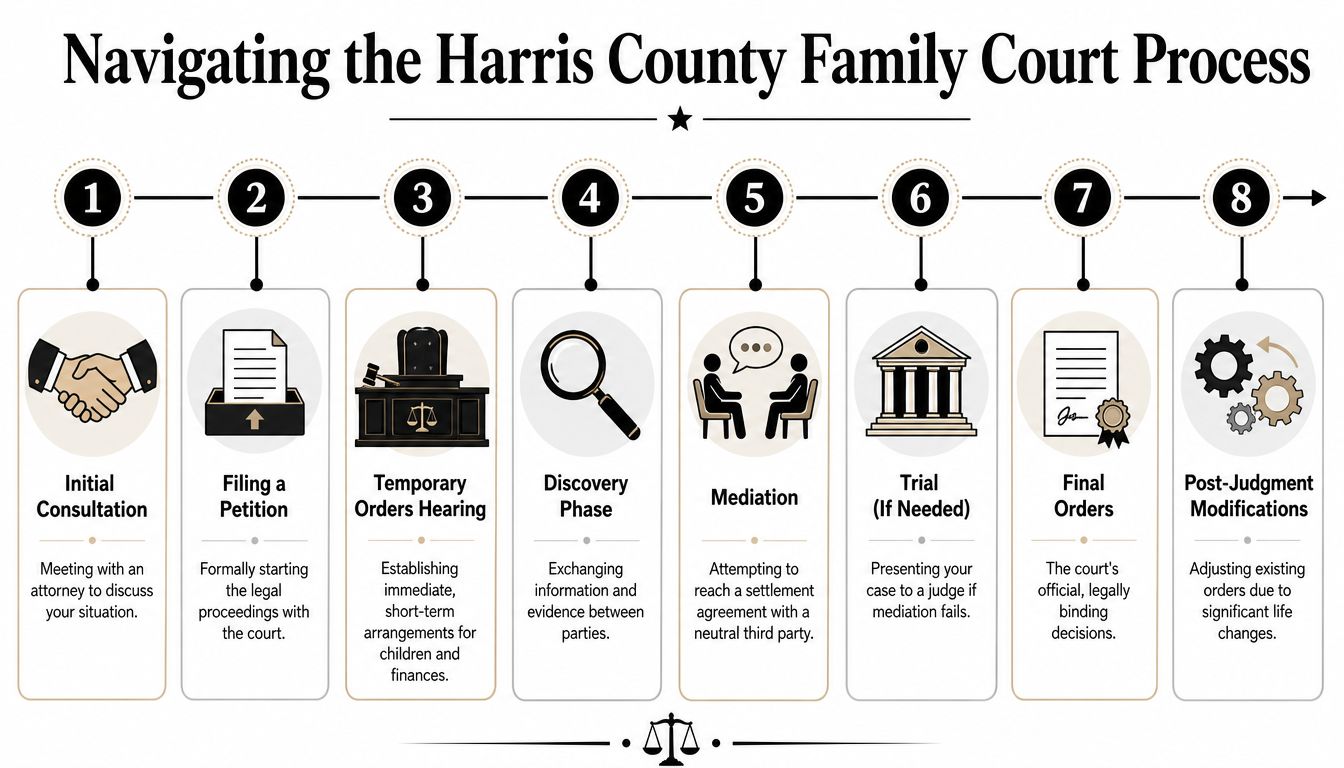 A step-by-step infographic illustrating the legal process for navigating family court in Harris County, Texas.